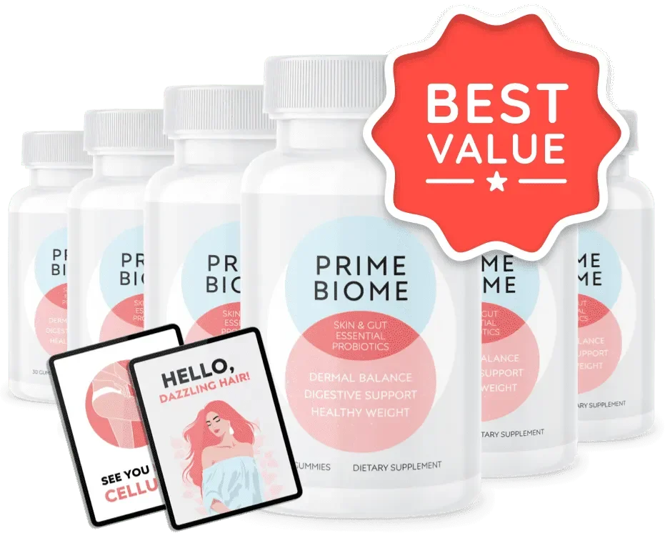 Six bottle PrimeBiome package with bonus ebooks and best value guarantee logo
