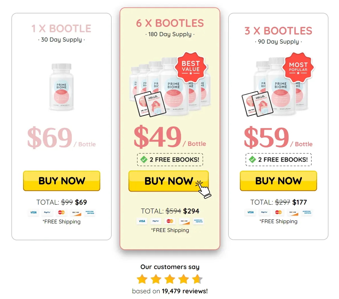 PrimeBiome probiotic supplement packages available in 1, 3, and 6 bottle options