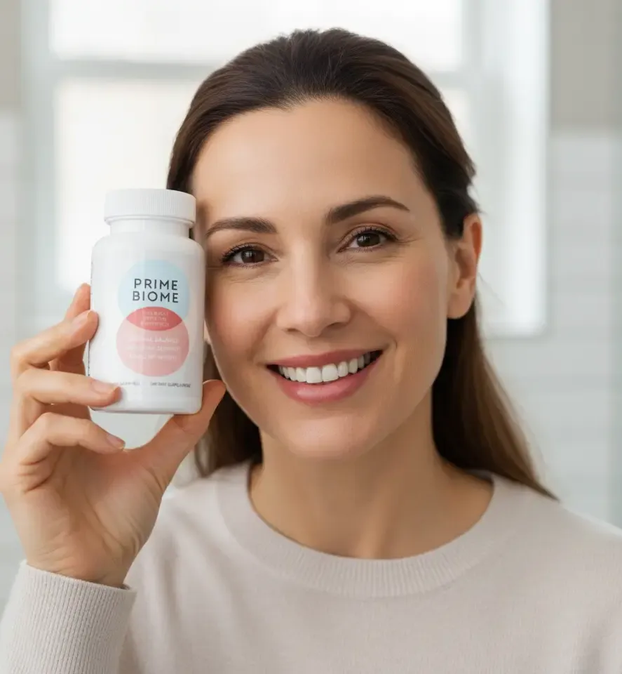 Happy woman with glowing skin and improved digestion after using PrimeBiome supplements 